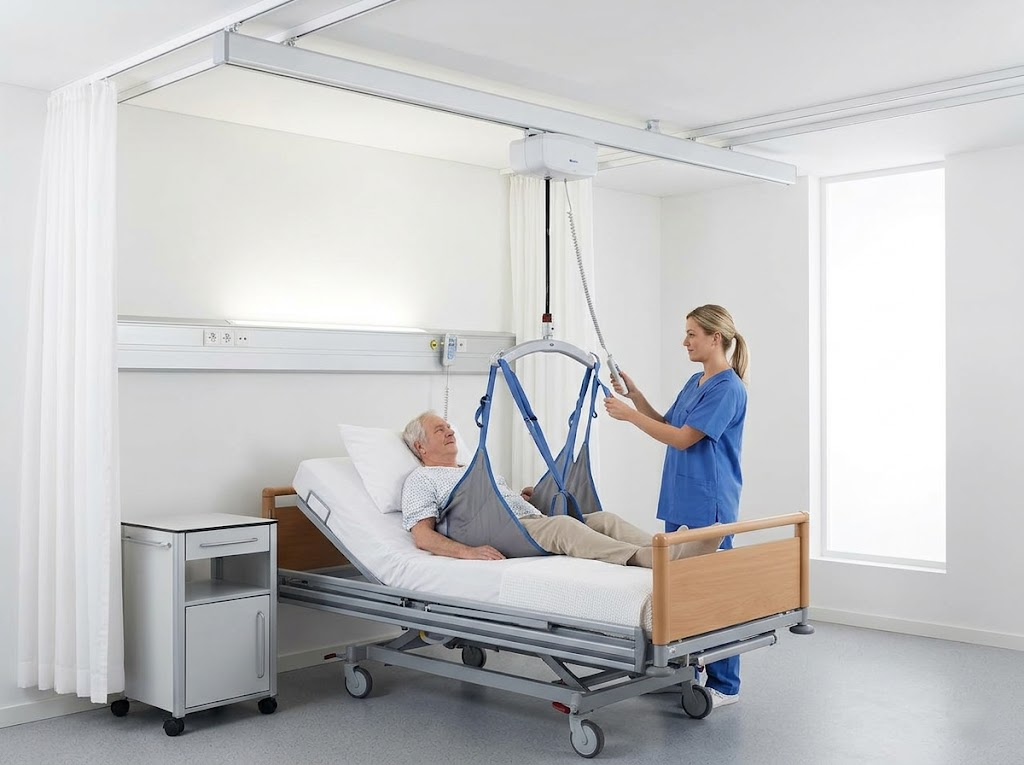 A ceiling-mounted patient lift in use.