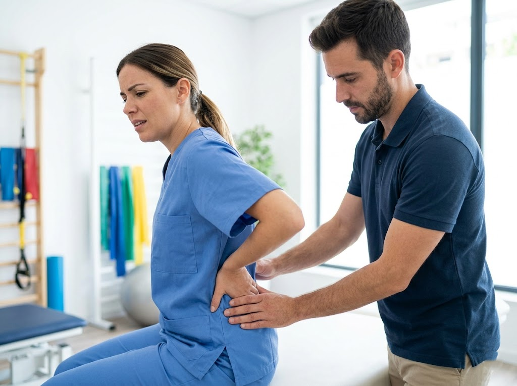 Physiotherapist treating a healthcare worker's back pain.