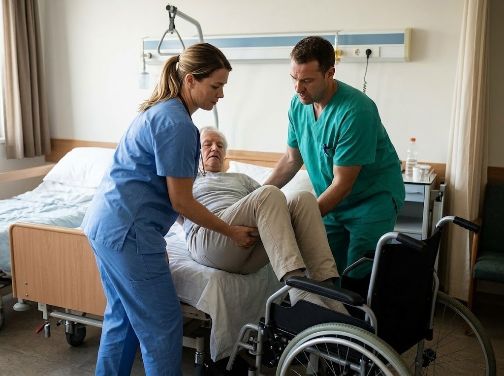 Healthcare workers manually lifting a patient from a hospital bed.