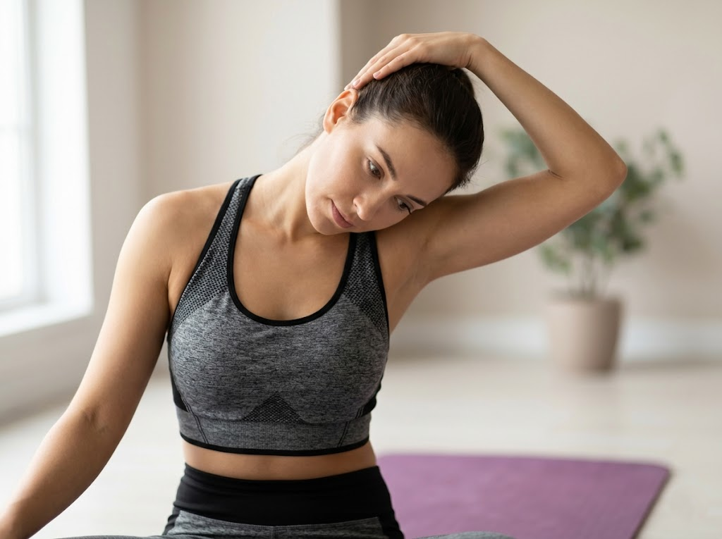 Woman performing levator scapulae neck stretch. 