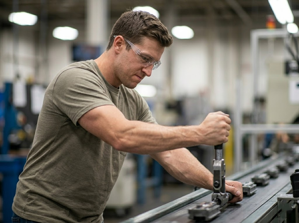 Assembly line worker repetitively gripping tool, showing strain. 