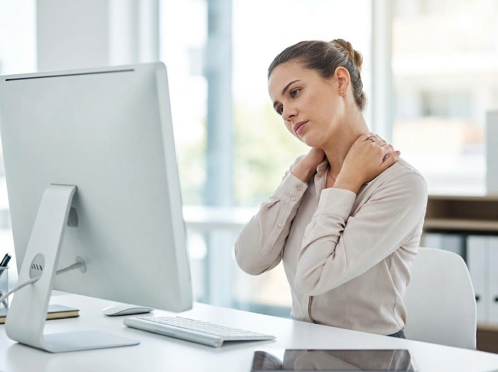 Office worker stretches stiff shoulder. 