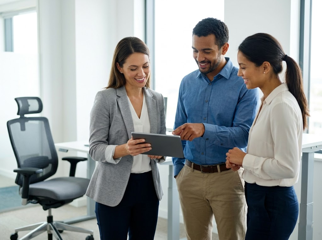 Team reviews ergonomic checklist together.
