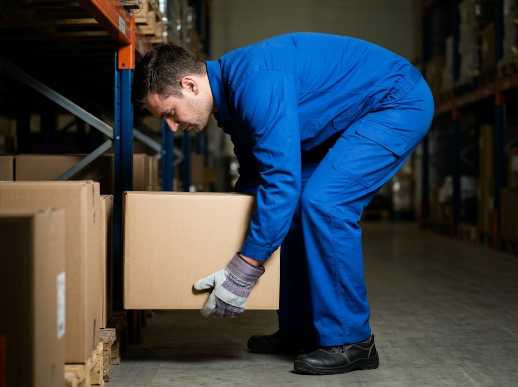 Worker awkwardly lifting heavy boxes. 