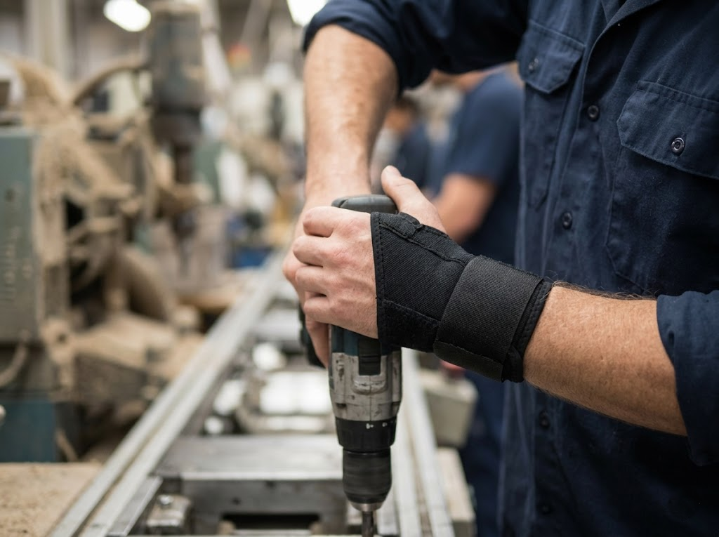 Worker wears wrist support while working. 
