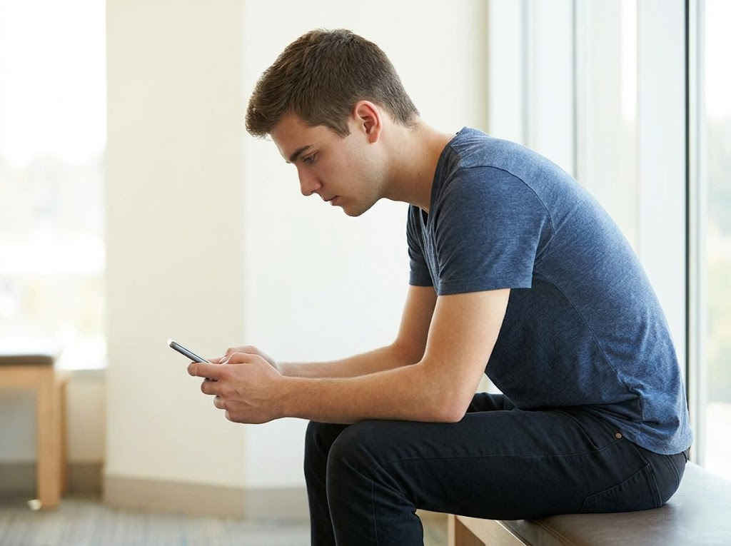  Man looking down at smartphone with poor posture. 