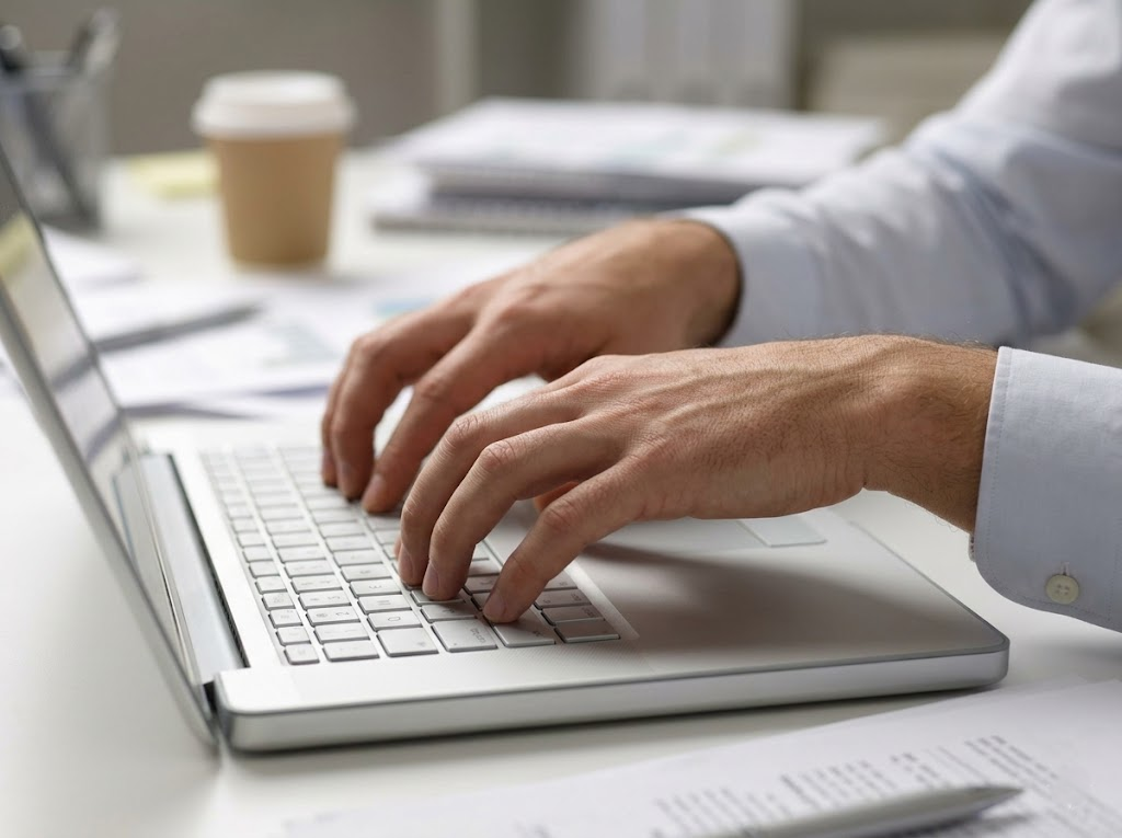 Strained hands typing with bad wrist angles. 