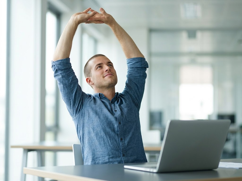 Office worker stretching hands during a short break. 