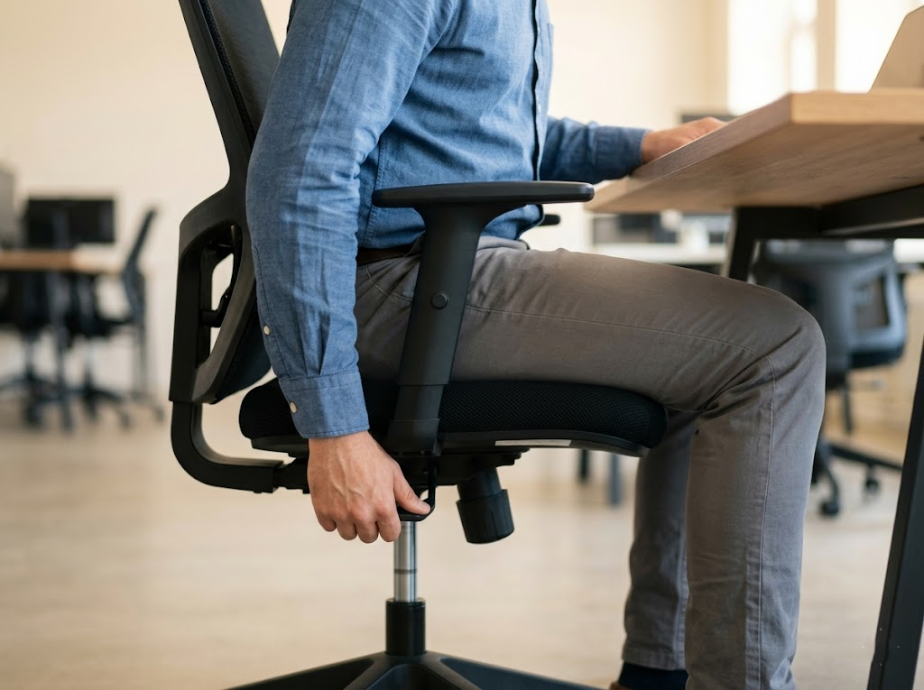 Side view of a person adjusting the office chair height. 