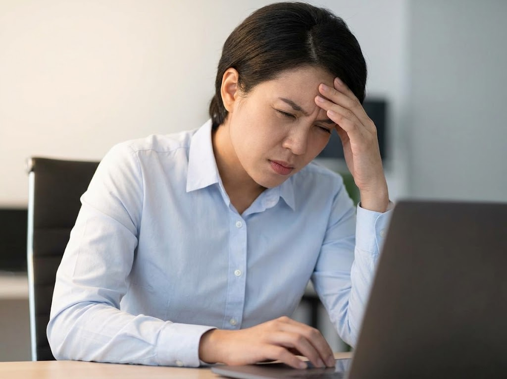 Worker squinting and holding forehead at computer. 