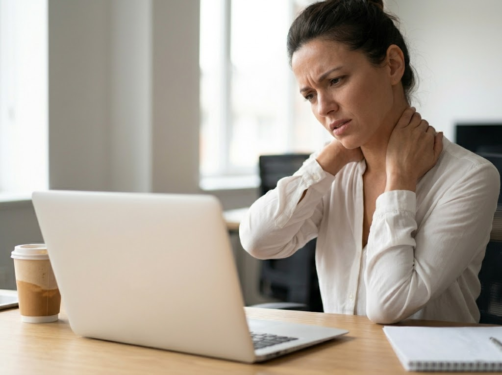 Woman massaging her tense neck while working. 