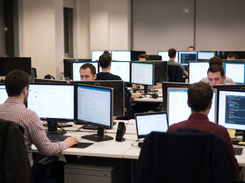  Employees work at screens in a busy modern office. 