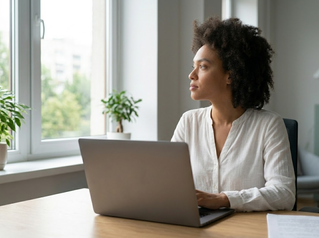 Woman looking out a window during a screen break. 