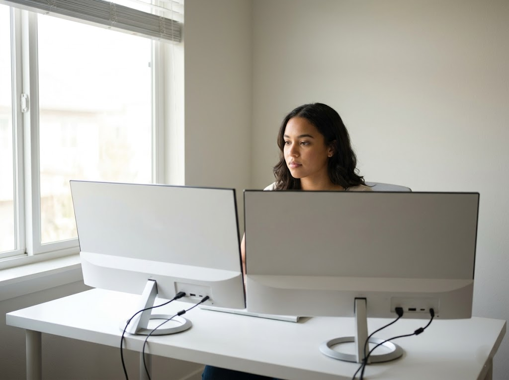 Adjusting the monitor arm to achieve the correct dual-screen height. 