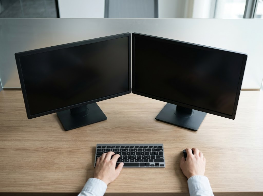 Dual monitors angled slightly inwards on a desk. 