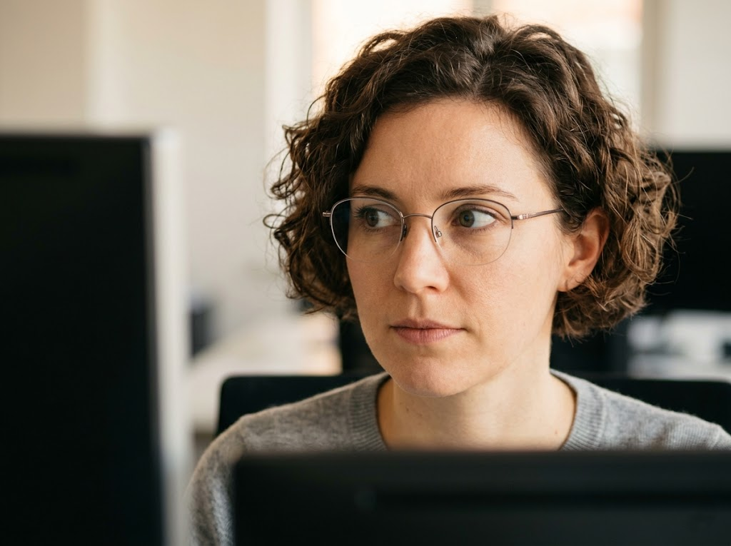 Close-up of eyes shifting between screens, minimal head movement. 