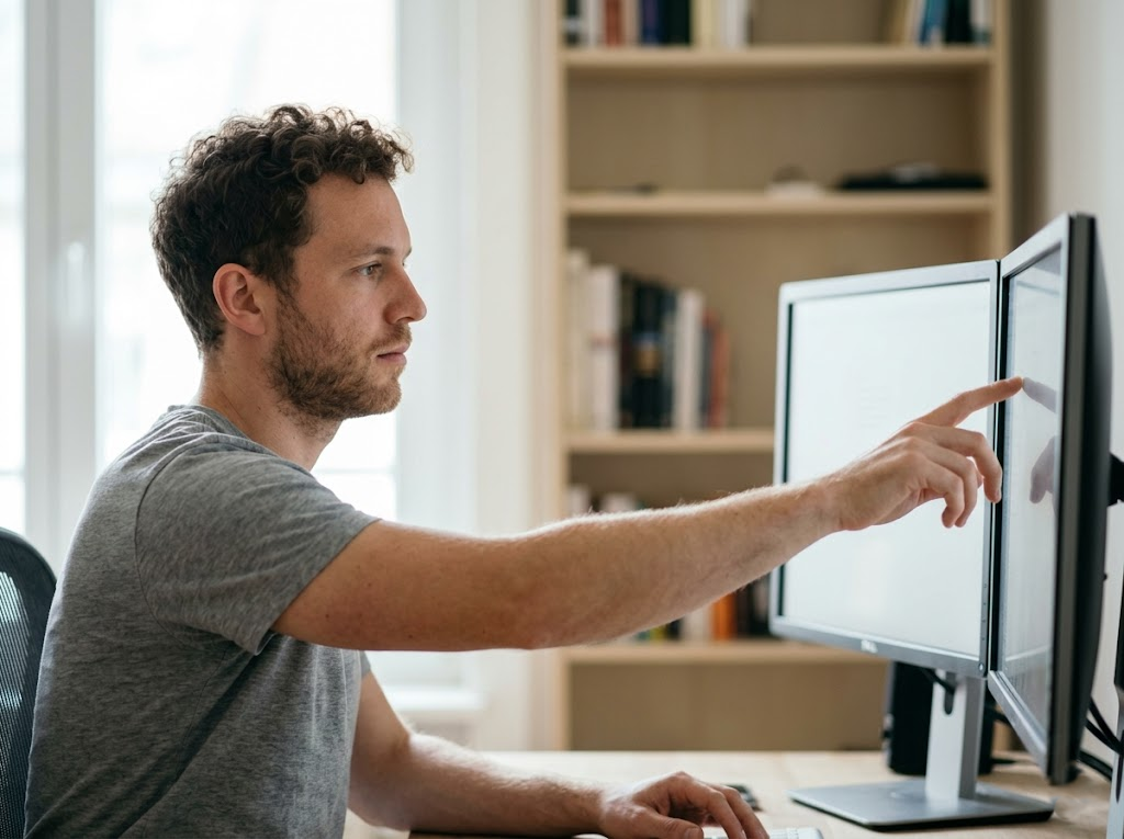Man reaching forward to measure monitor distance.
