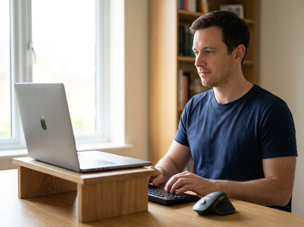 A man using an external keyboard with his laptop raised on a riser.Â