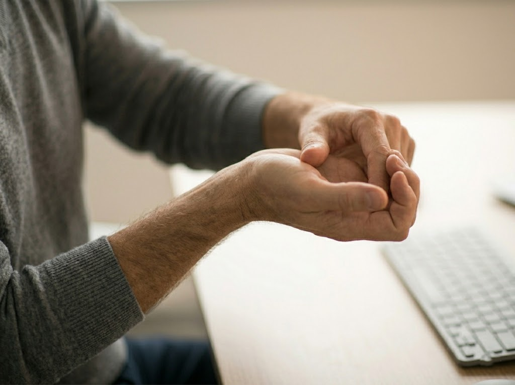 Close-up performing the specific recommended wrist flexor stretch. 