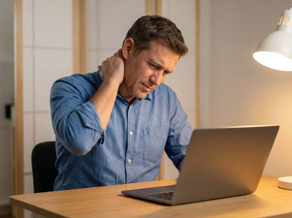 A man is rubbing his stiff neck as he looks at a laptop.Â