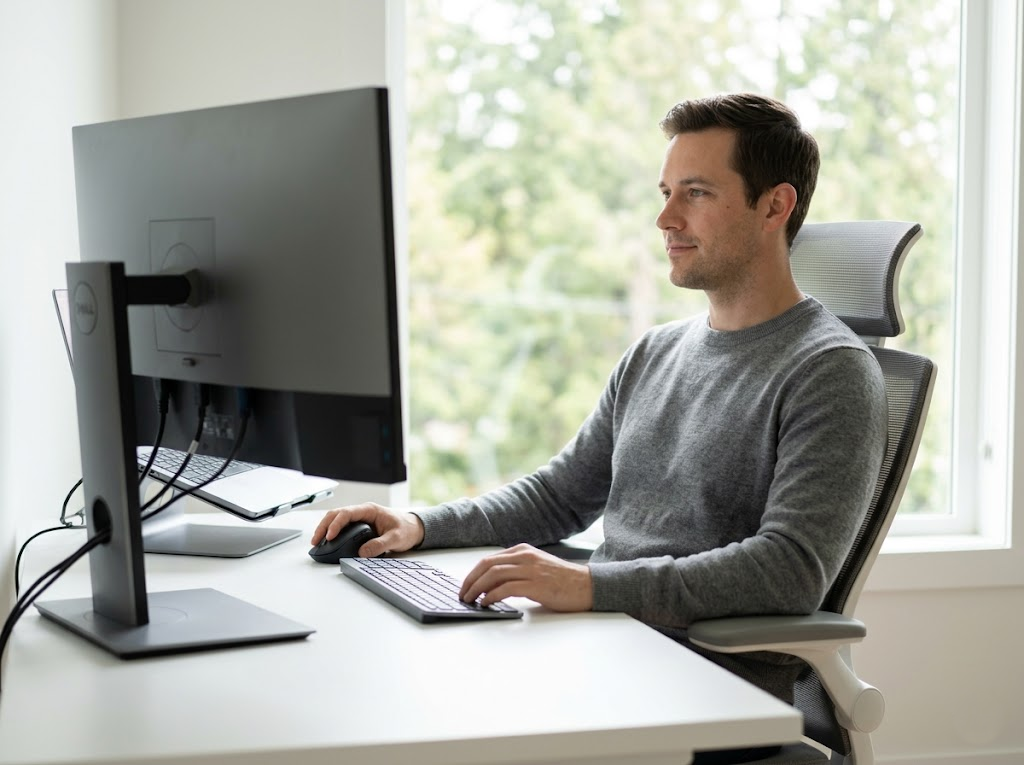 A man comfortably using his laptop, connected to a large external monitor.Â