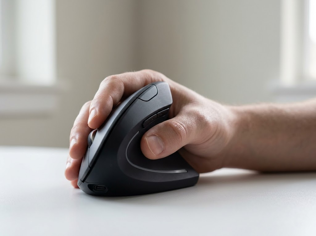 Close-up of a hand using a vertical ergonomic mouse.Â