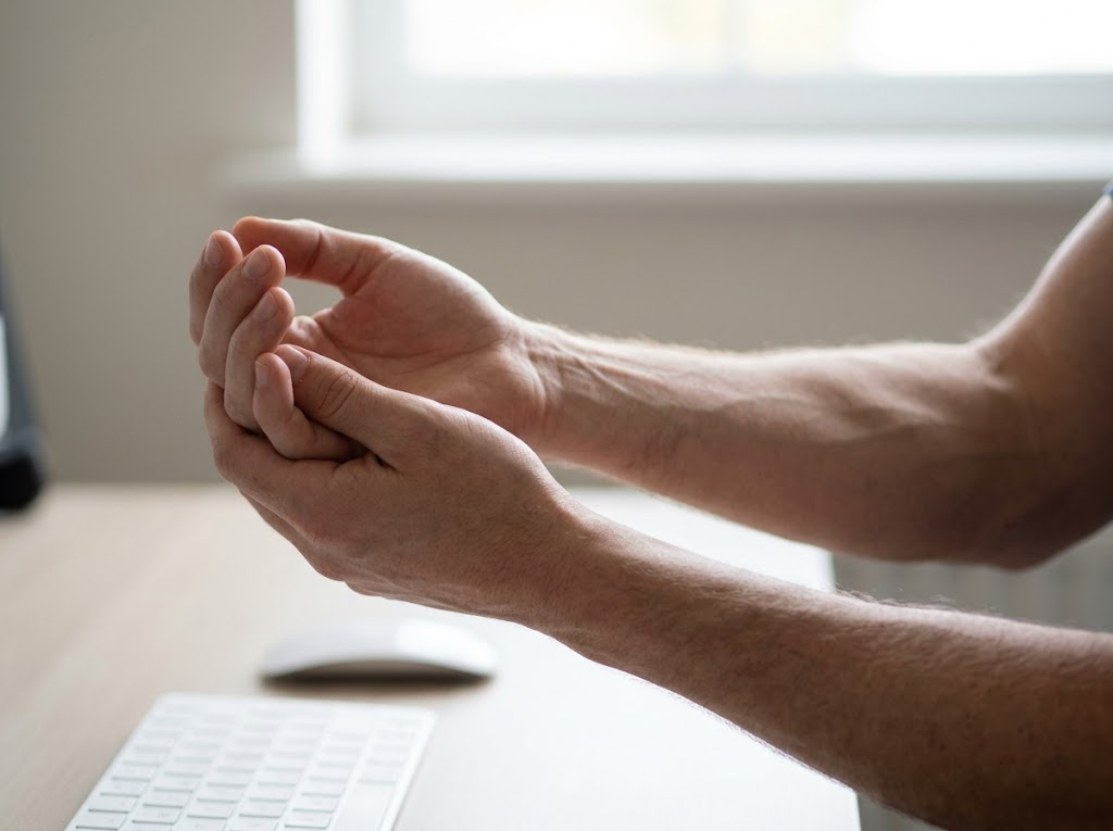 Male office worker pausing to stretch his forearm and wrist.Â
