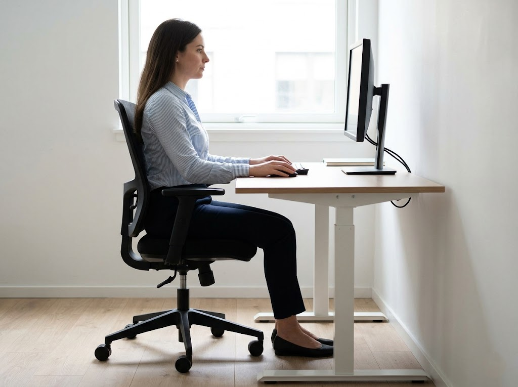 Profile view of a woman sitting with an ideal 90-degree posture.Â