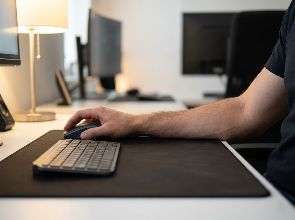 Hand using a mouse with elbow tucked close to the body.Â