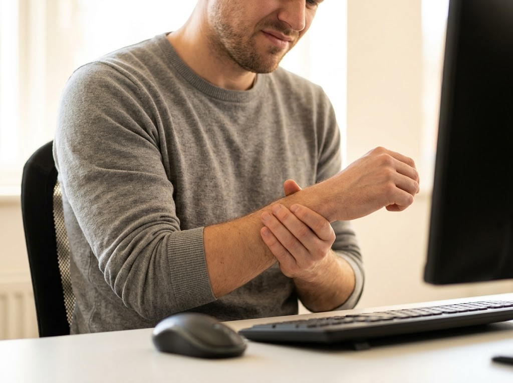 A male worker grimacing and rubbing his right forearm.