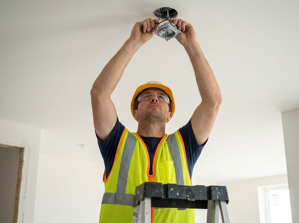 Electrician performing extended overhead wiring work. 