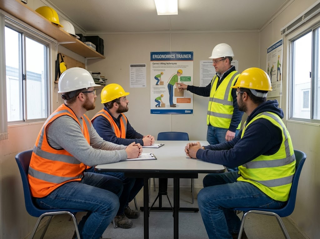 Workers participating in on-site ergonomics training. 