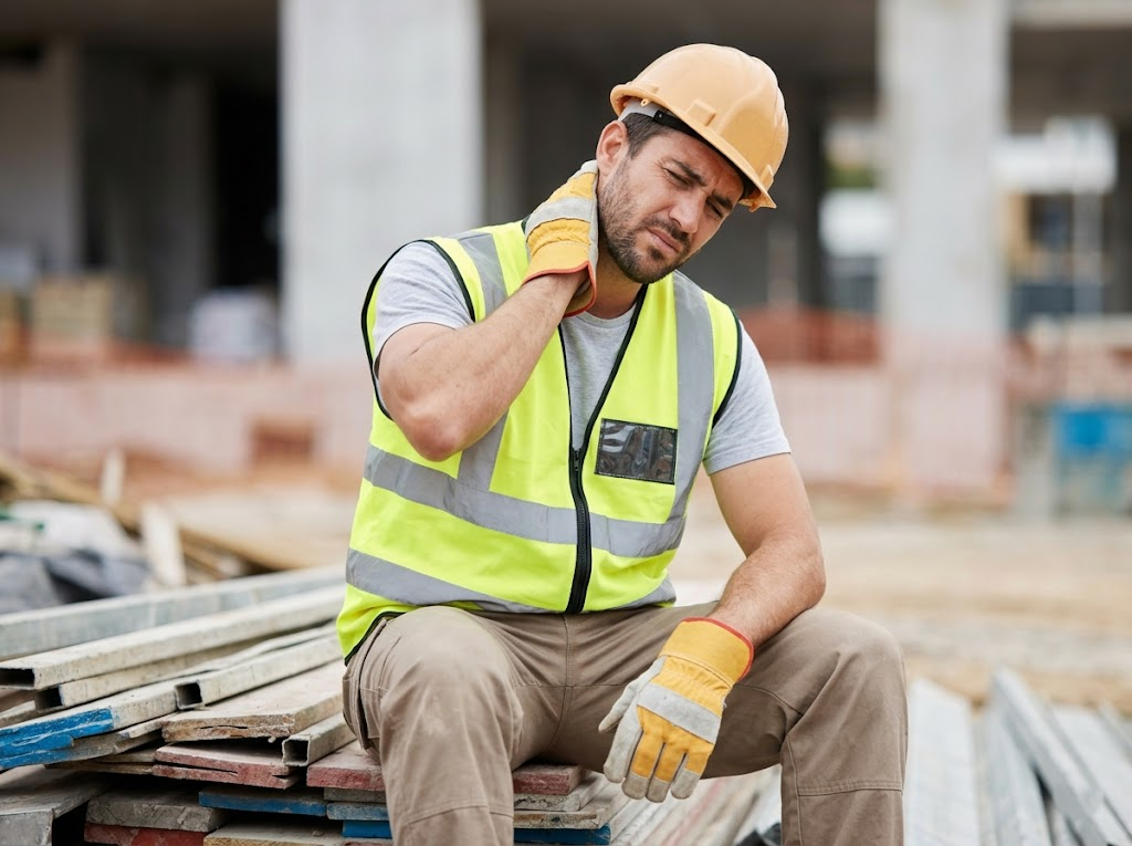 A wearied worker rubbing their neck showing signs of fatigue. 