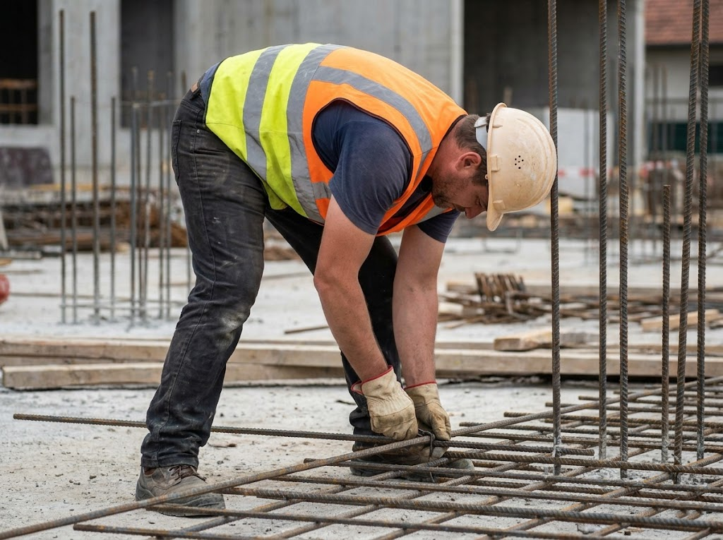  Construction worker bent over in an awkward work posture. 