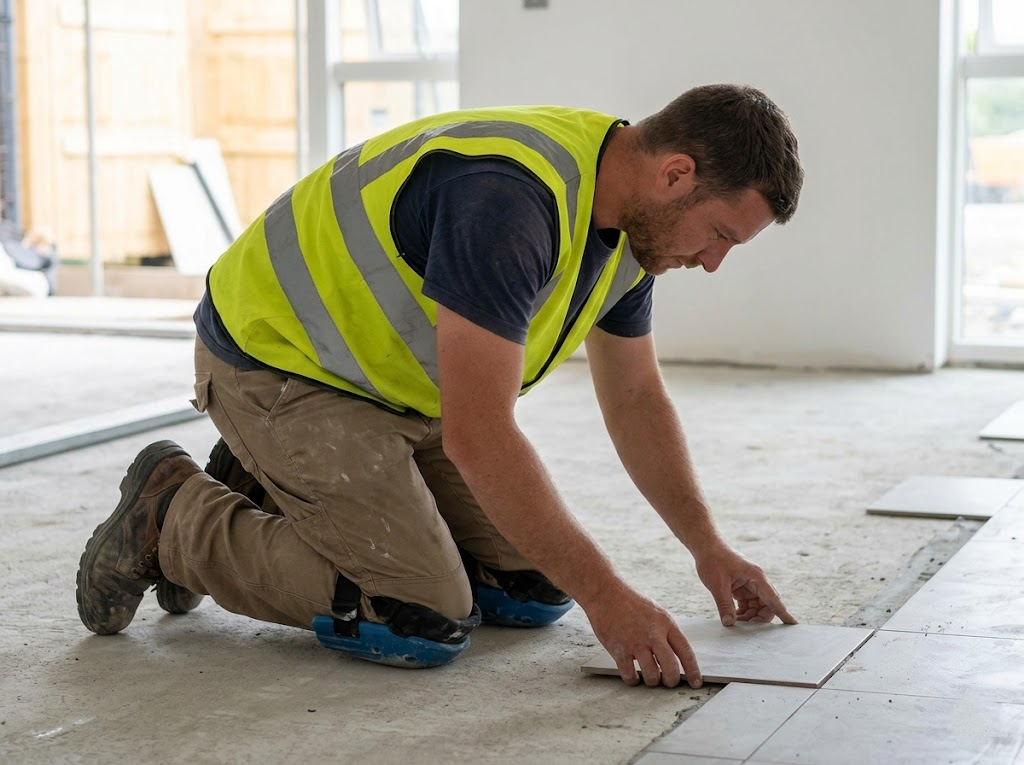 Flooring installer working while kneeling on site. 