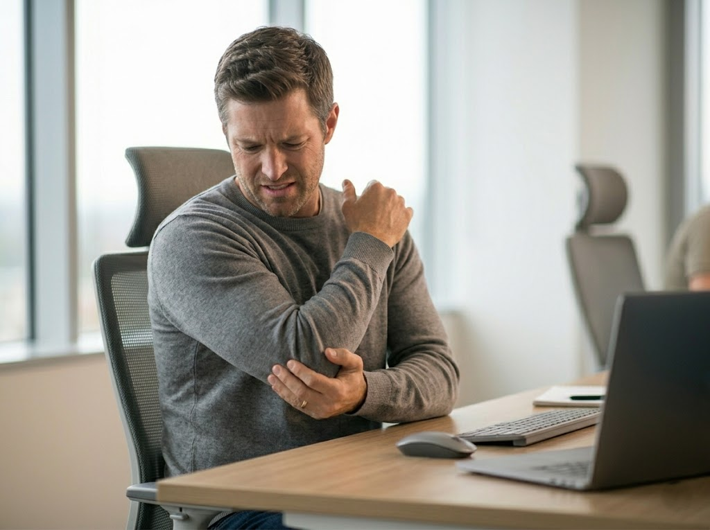 Office worker rubbing painful, inflamed tennis elbow. 