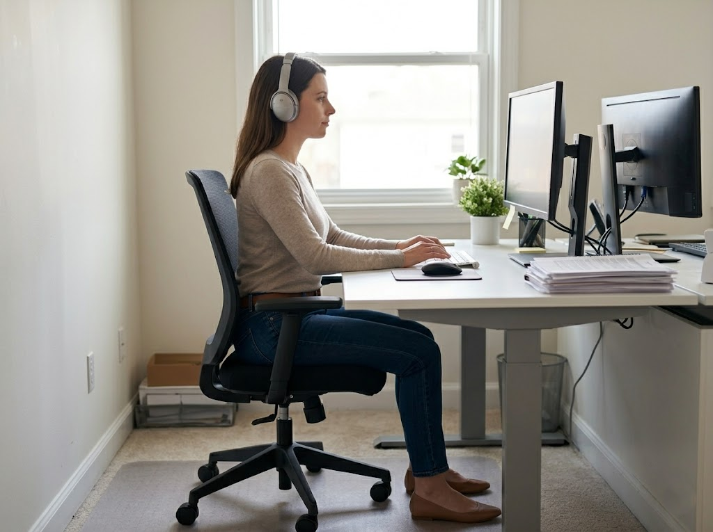 Woman works productively while seated with good posture.Â