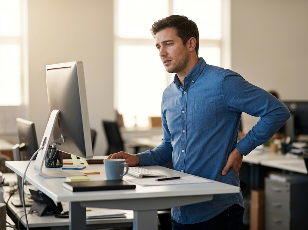 A weary man shifts his weight at a standing desk.Â