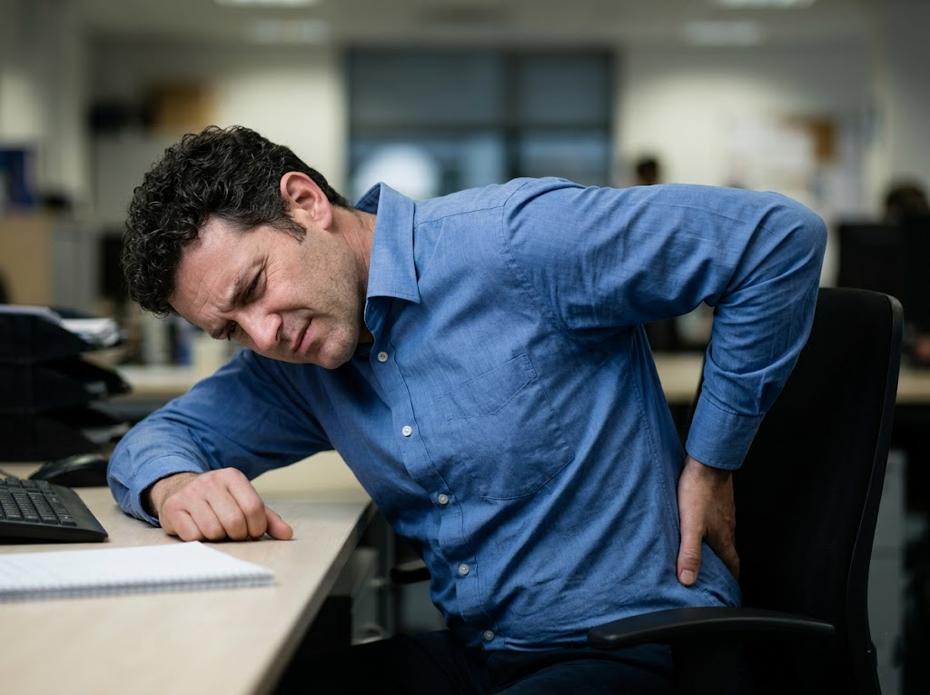 A man slumped over a fixed desk, rubbing his painful lower back.Â