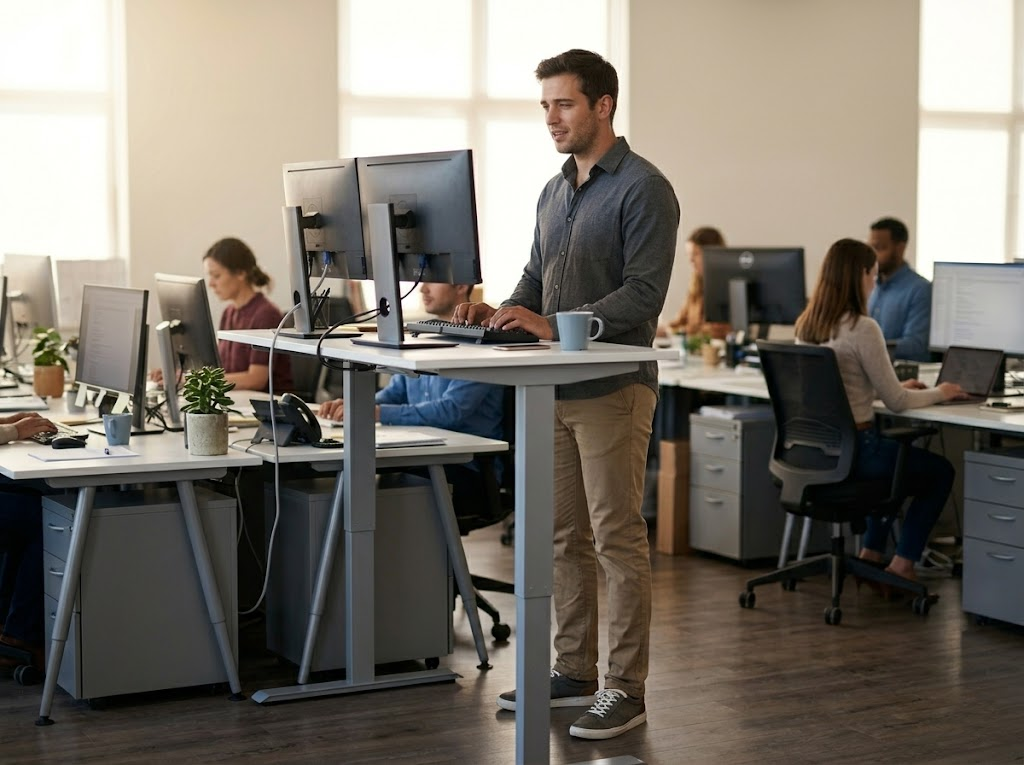 Man actively works while standing at the correct desk height.Â