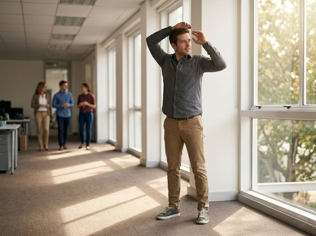 Man stretches casually in a sunlit office hallway.Â