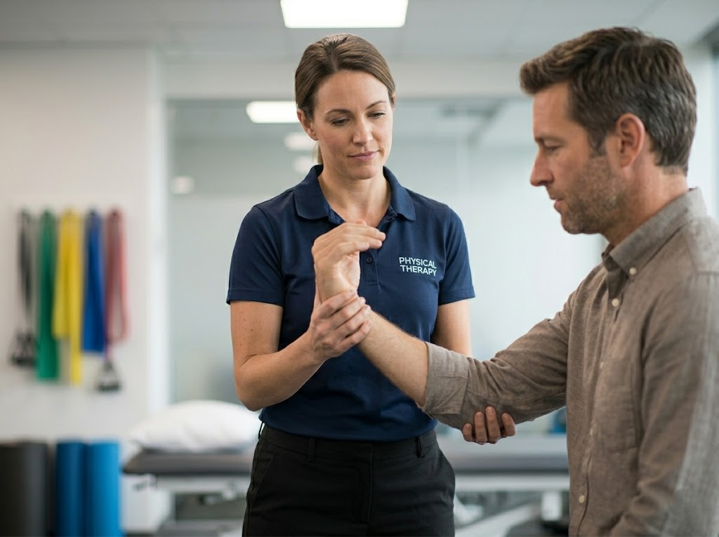 Patient guided through wrist stretch by physical therapist. 