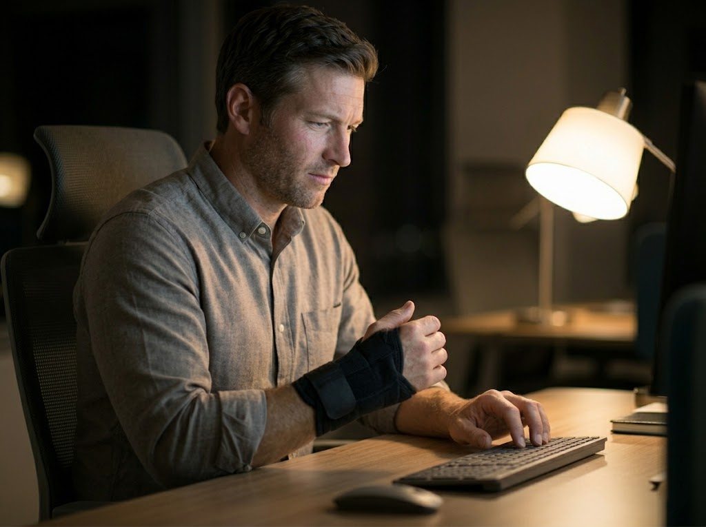 Pained data entry worker continues typing in office. 