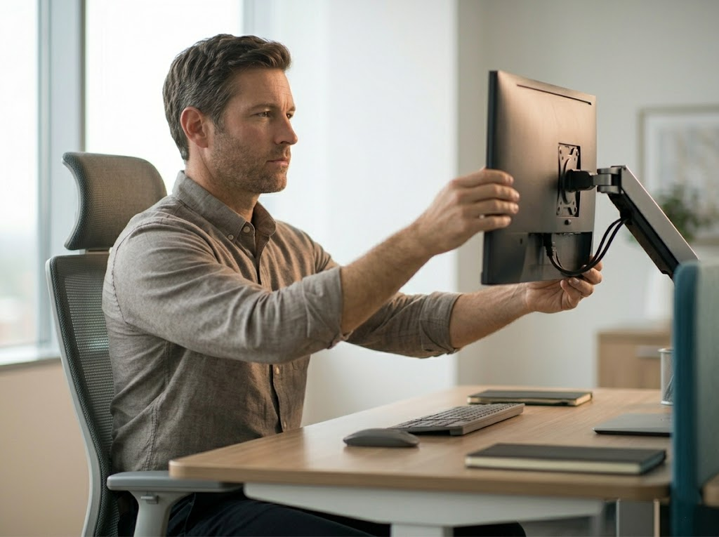 Person adjusting monitor arm for correct eye-level alignment. 