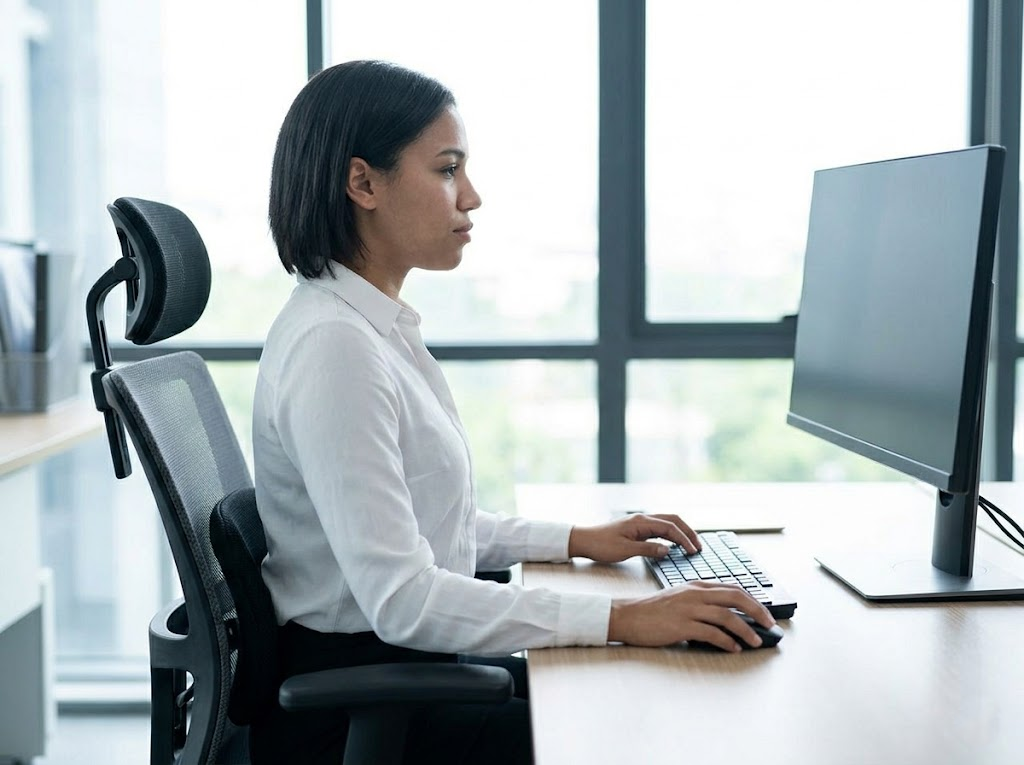 Person working at an ergonomically correct desk setup. 