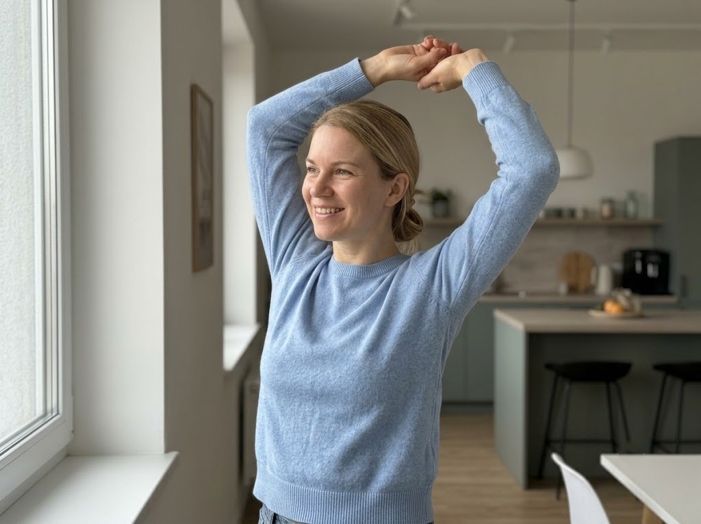 Relieved woman with good posture stretching near window.Â