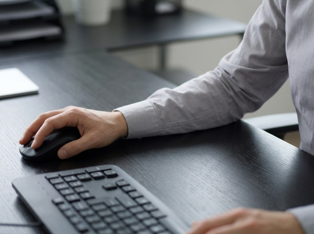 Close-up of forearm and wrist while typing at keyboard 