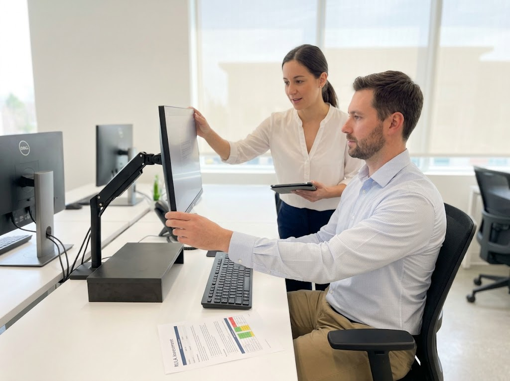 Consultant reviewing ergonomic assessment results with a worker 