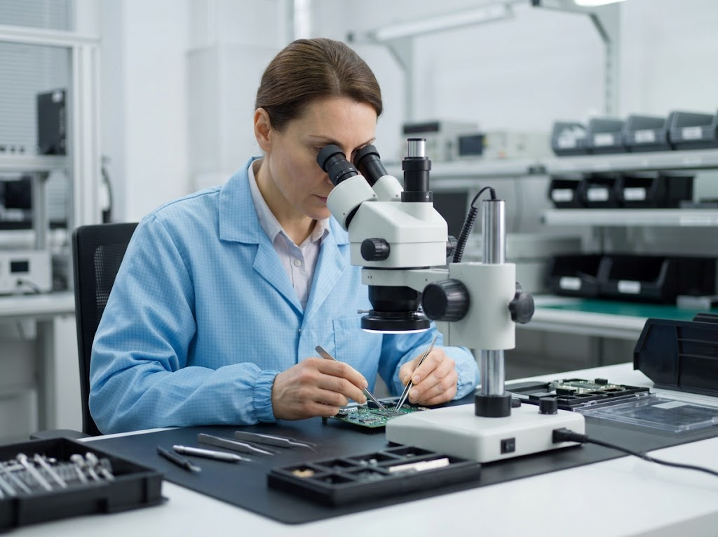 Worker performing precision assembly task at a bench 