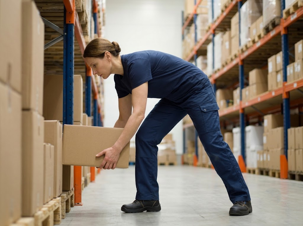 Warehouse worker lifting a box in a full-body posture 